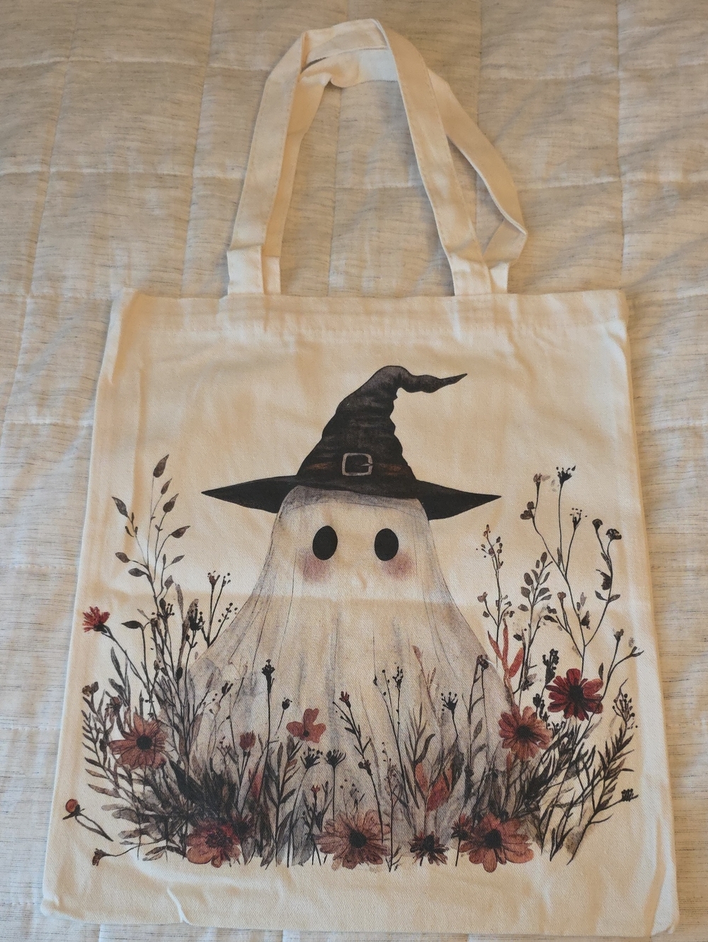 Halloween Tote -Canvas Ghost Tote Bag with Witch Hat Print - Cream